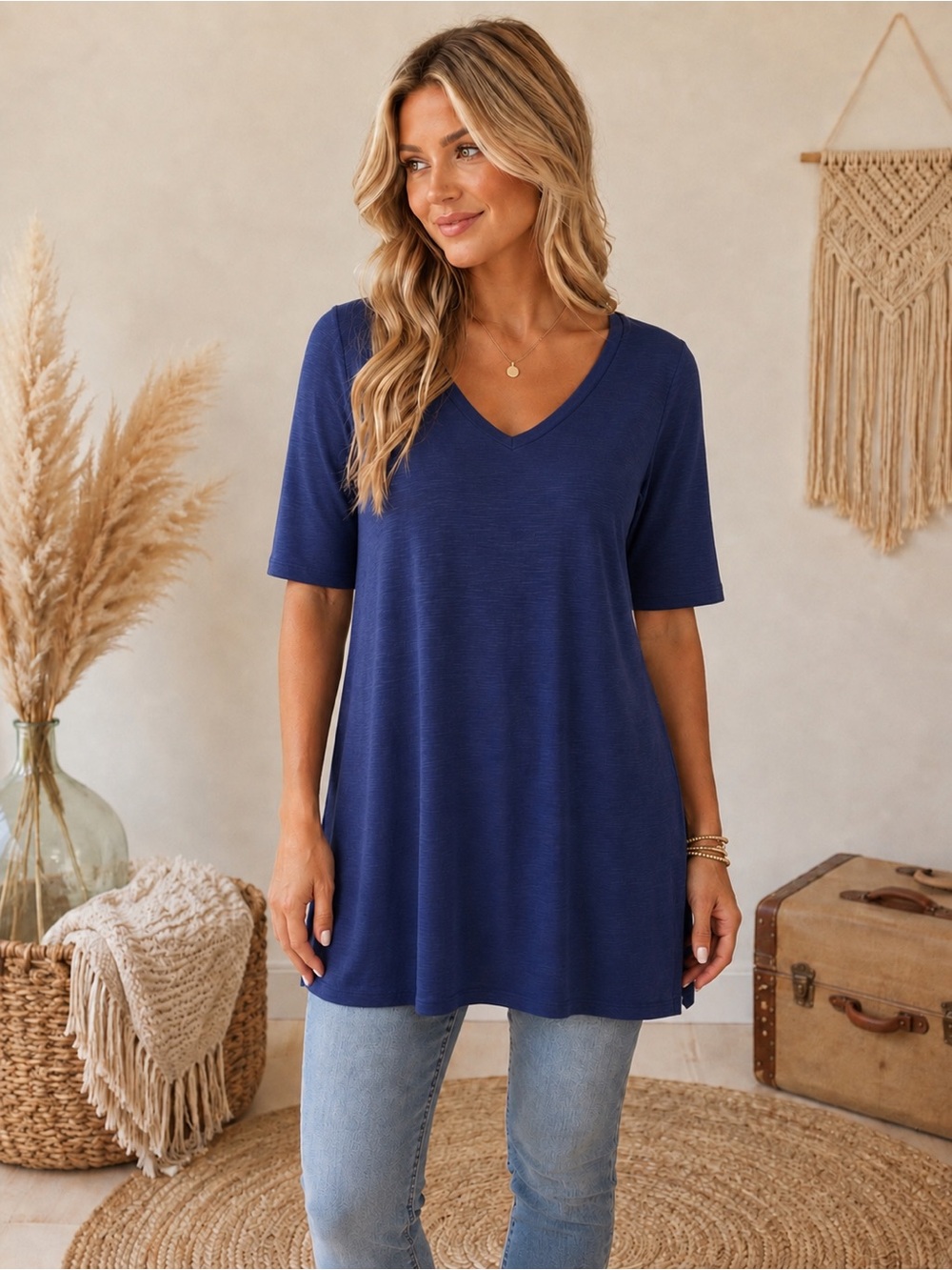 J. Jill Blue Pima Double V Elbow Sleeve Tunic